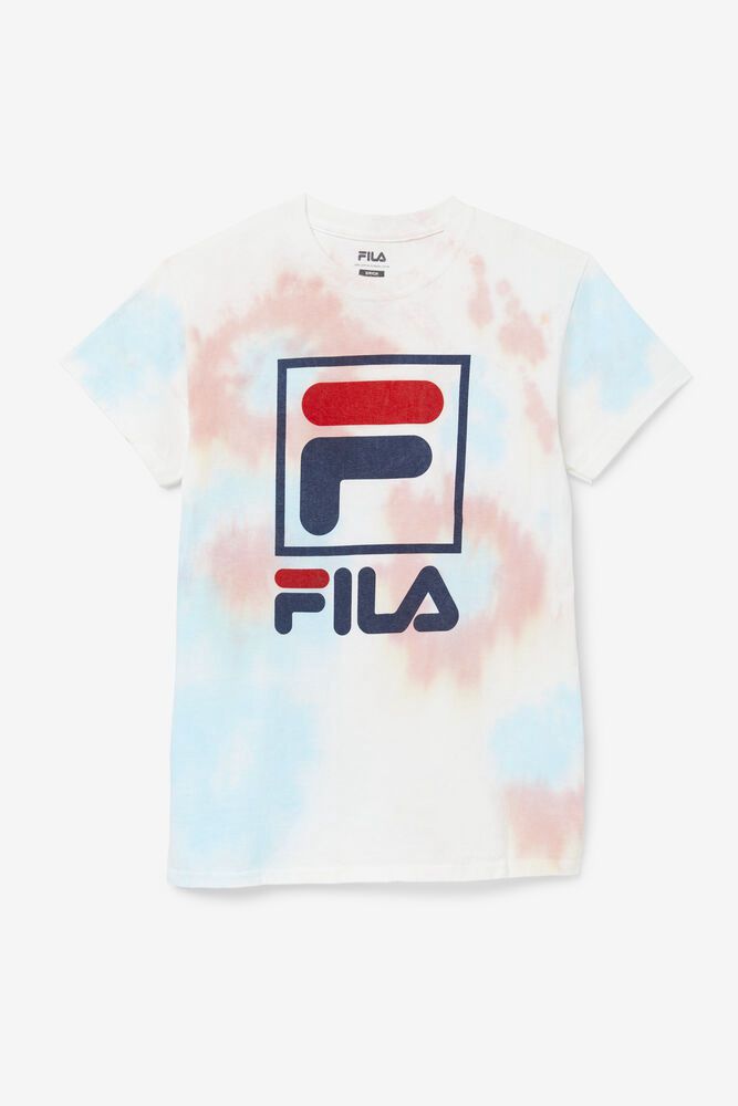 Fila Miesten Paidat Tie Dye Stacked Logo Valkoinen - QRSB-06713